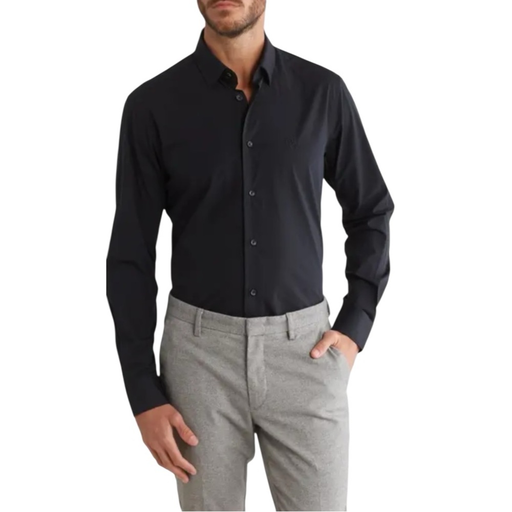 Cavalli Class Slim Fit Button Down Mens Black Shirt Italy Cotton Mens L/XL